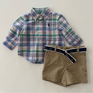 Ralph Lauren 3 Months Baby Boy Plaid Shirt and Khaki Shorts Set Outfit